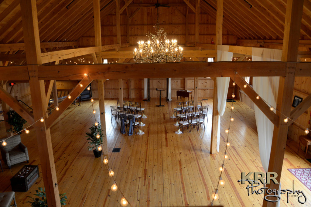 A picture of The Barn at Pleasant Acres from above showing Bistro lights